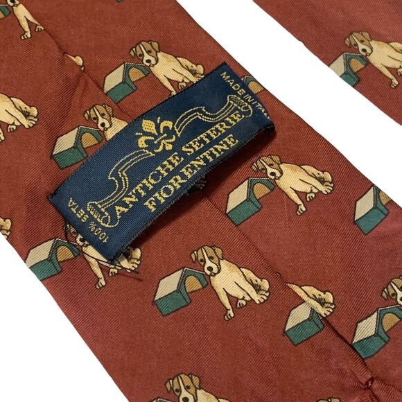 Antiche Seterie Fiorentine Men's Tie Silk Necktie Dog Lovers Maroon Red Vintage - Picture 5 of 6